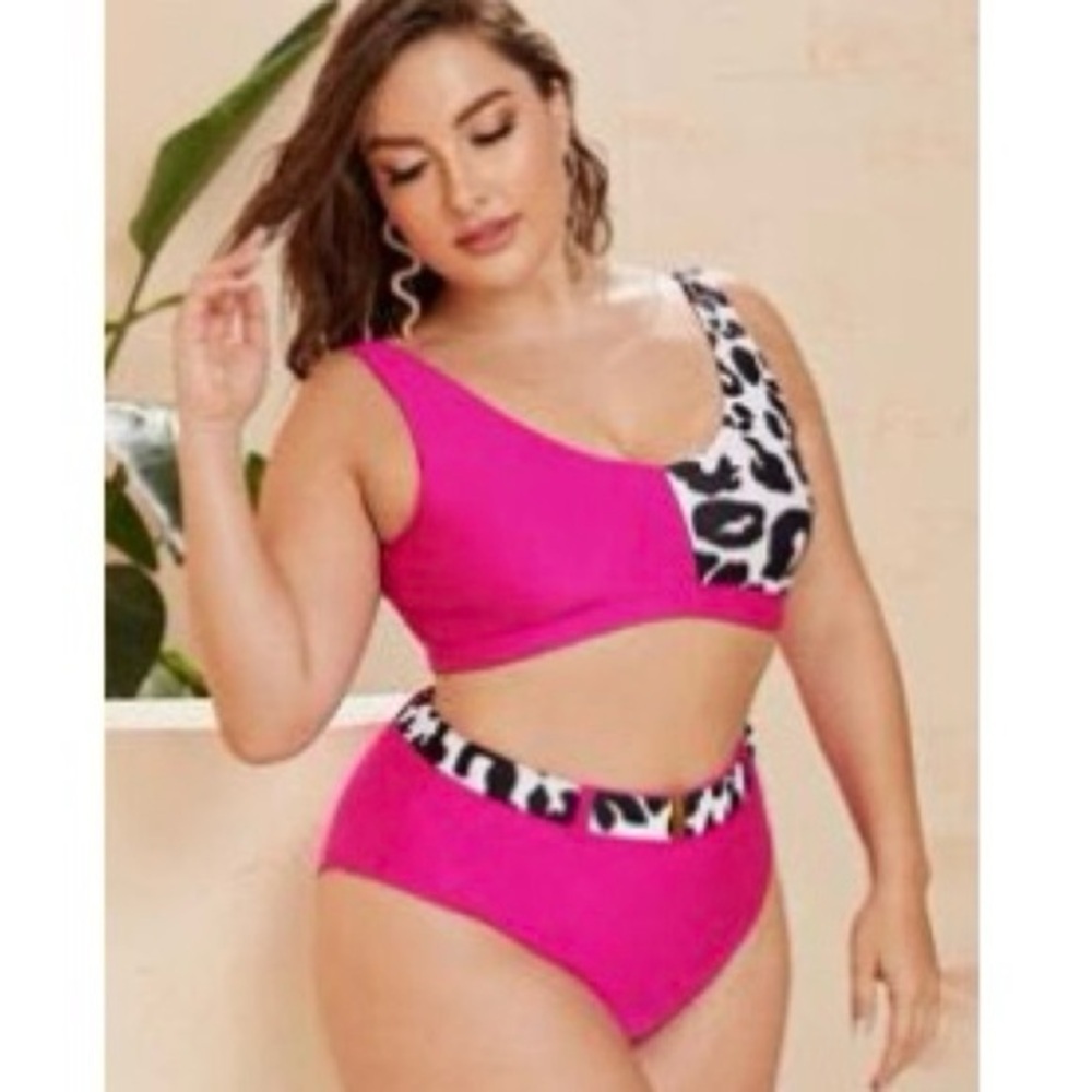 SHEIN Pink Leopard Print Bikini Two Piece Swimsuit Women’s Plus Size 1X NWOT